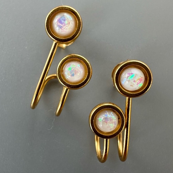 14k Vermeil Gold Semi Precious Double Opal Earrings - Picture 14 of 17